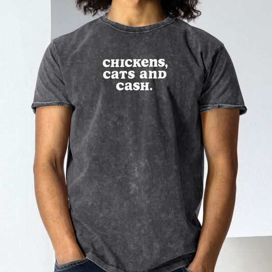 CHICKENS, CATS AND CASH UNISEX DENIM T-SHIRT